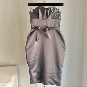 BCBGMazAzria Green Gray Strapless Satin Pleat Tie Waist Fitted Dress, Size 0